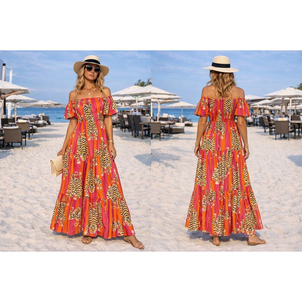 Guadalupe 100% Cotton India Off Shoulder Tiger Print Maxi Dress NWOT